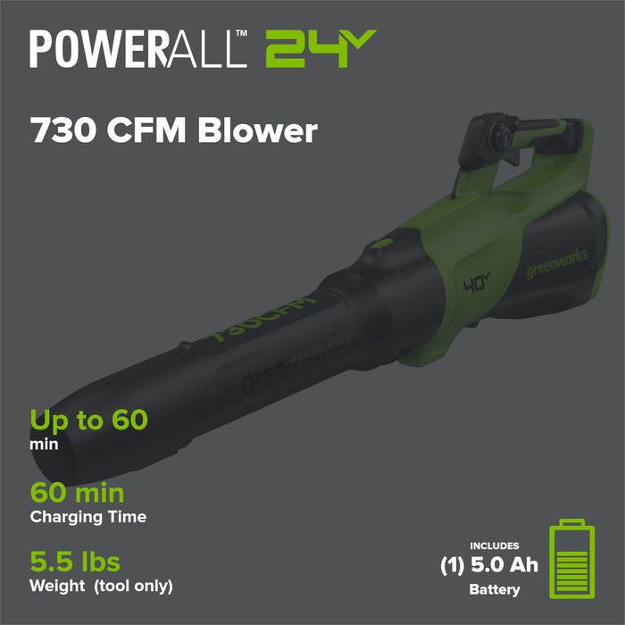 40V 730 CFM Cordless Battery Leaf Blower: 5.0 Ah Battery and 5A Charger