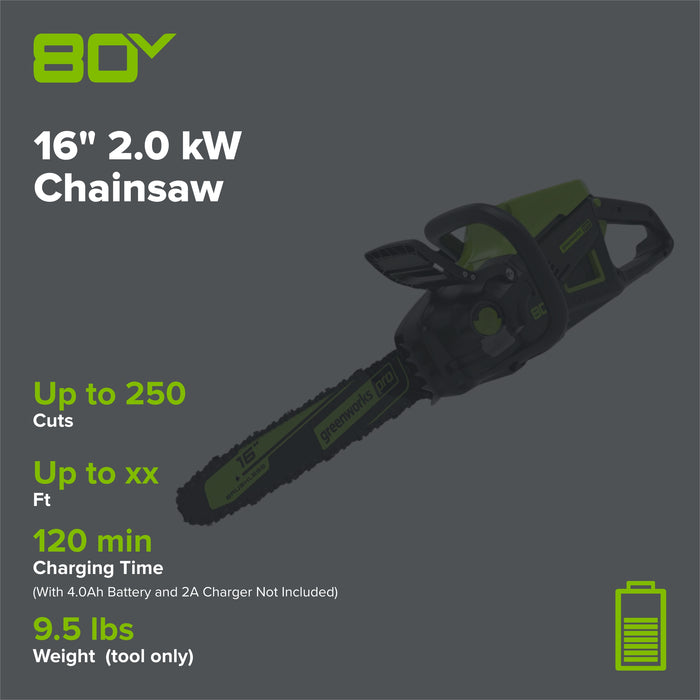 80V 16" 2.0 kW Cordless Battery Chainsaw (Tool Only)