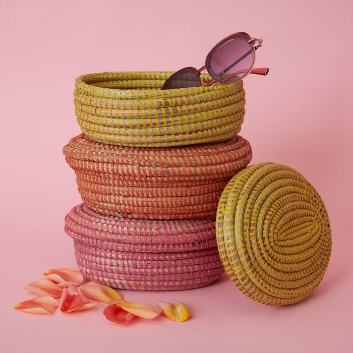 Decorative Wicker Boxes, Shelf Baskets, Pink, Yellow, Orange, African Woven, Mini Size, Set of 3