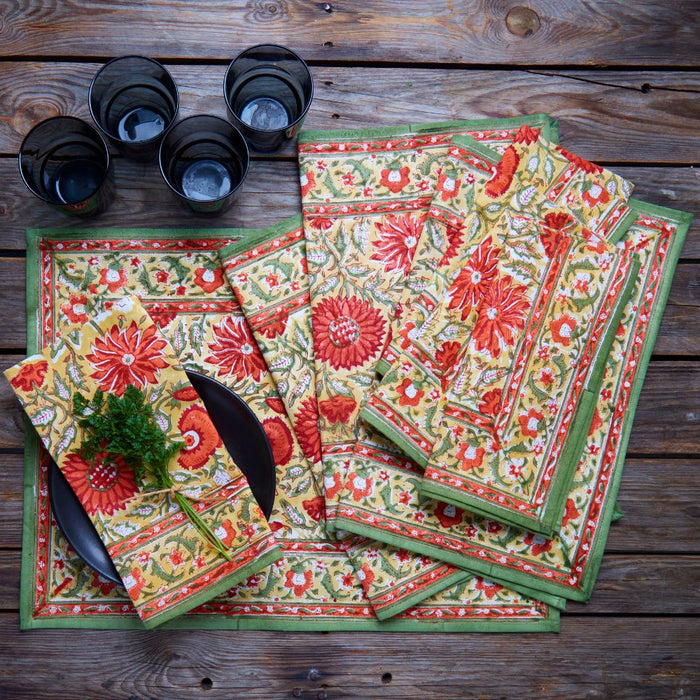 Orange Sunflower Block Print Placemat Set